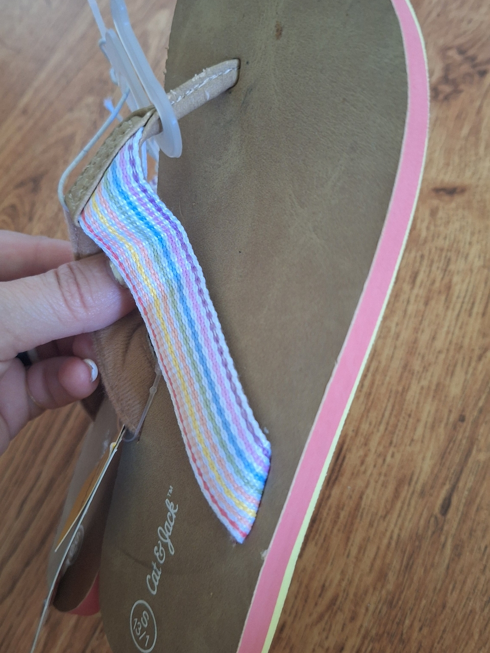 Cat & Jack GIRLS Tan Flip Flop with Pastel Rainbow Strap and Pink Trim